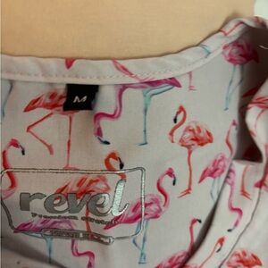 Revel Flamingo Print Blouse - Pink and White. Scrub top.